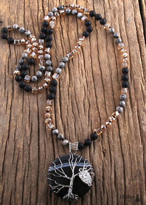 Boho Necklace, RH Precious Lava Stone, Tree of Life